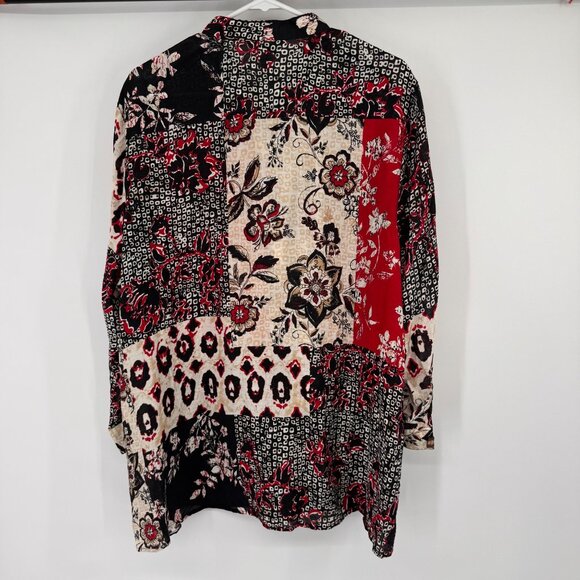 Multiples Womens Patchwork Button-Up Blouse tunic size 1X plus Floral Red Black - Picture 11 of 12